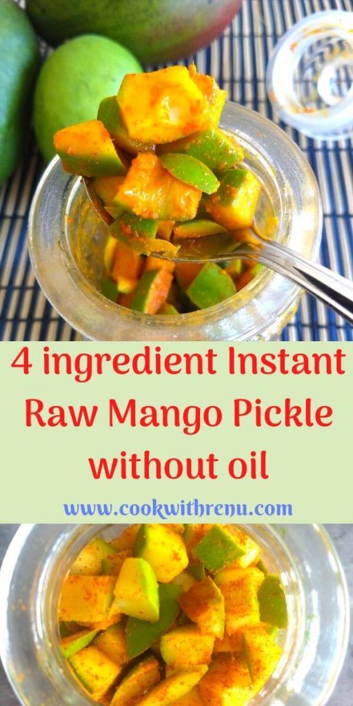4 ingredient Instant Raw Mango Pickle without oil is a simple and a lip smacking pickle made using only mango, turmeric, red chilli and salt.
