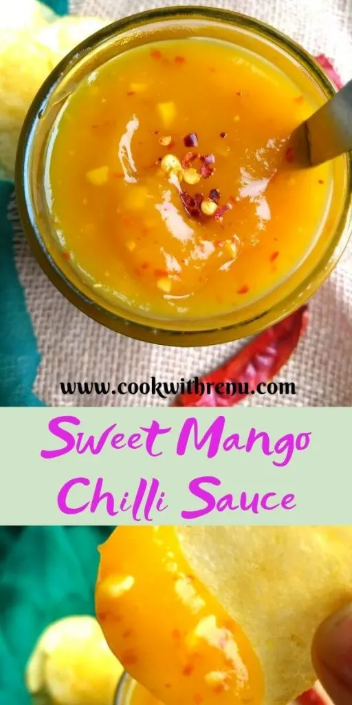 Sweet Mango Chilli Sauce is a fuss free 10 min lip smacking and a toungue tickling recipe that goes well with chips, starters as a spread or as a dressing.
