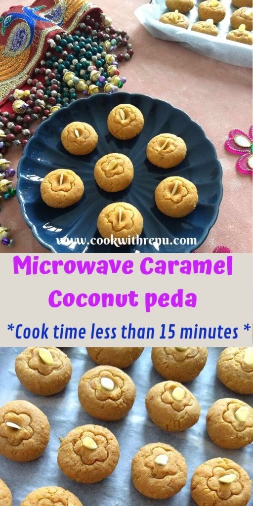 Soft and chewy Microwave Caramel Coconut peda is a sweet made using 8 ingredients in just under 15 minutes of cooking time perfect for any festive occasion.
