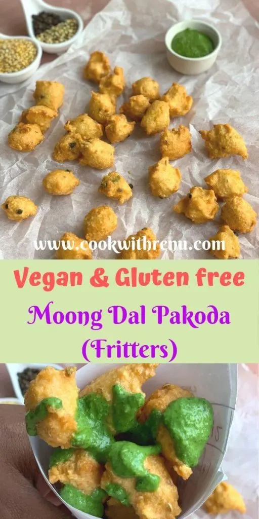 Moong Dal Pakoda (Fritters) - is a vegan and a gluten free snack, made using yellow split moong dal and a few ingredients available at home, best served along with tea.