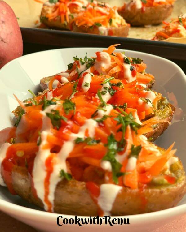Baked Potato Skins with Paneer & Veggies is a yummy and delicious starter or appetiser that can be made well ahead of time.