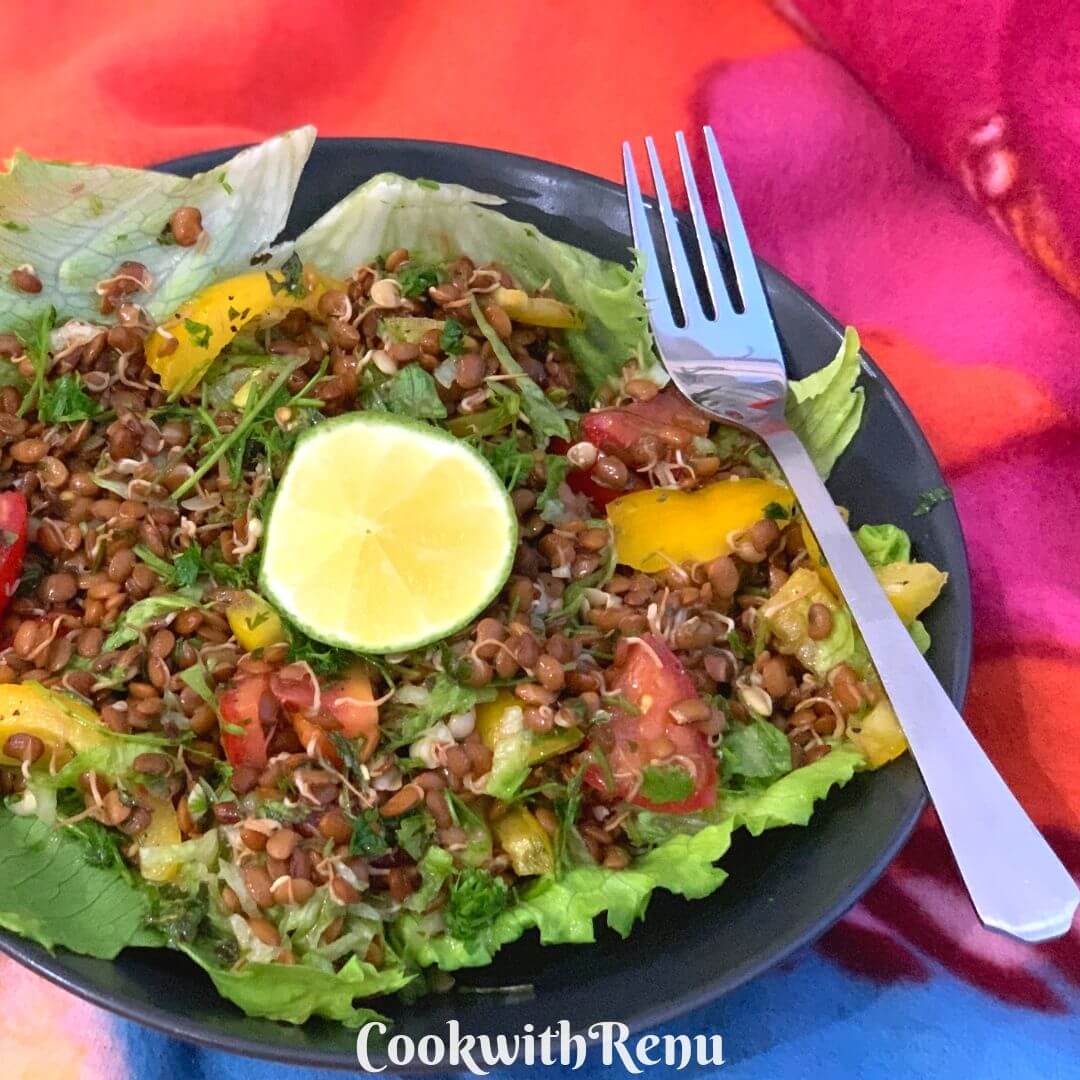 Sprouted Horse gram (Kulith) Salad along with veggies is a nutritious Iron, protein and calcium rich filling salad that can be served as a main meal.