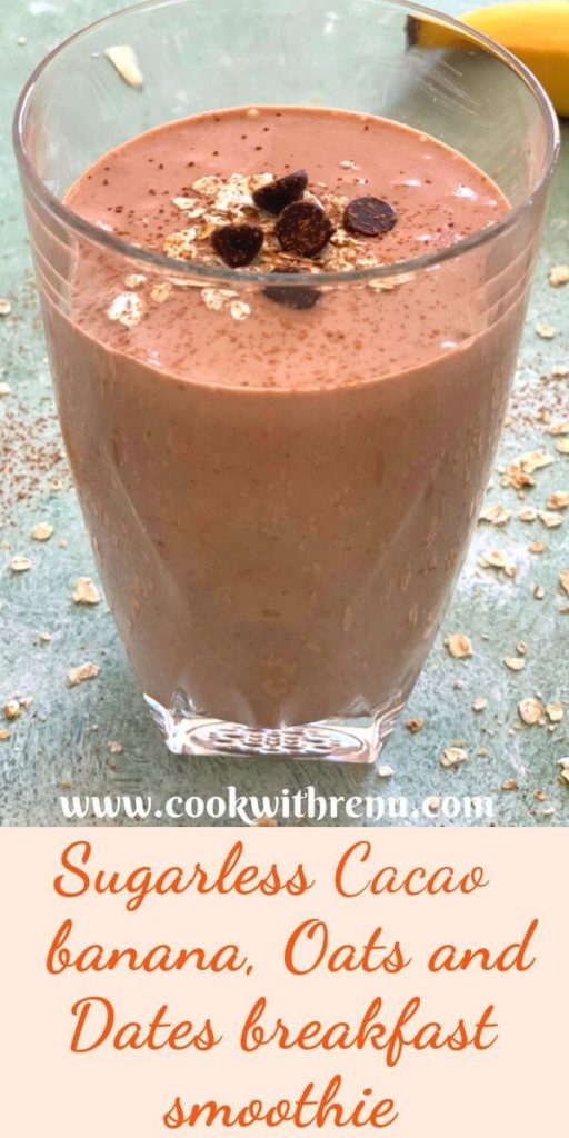 This Sugarless Cacao banana, Oats and Dates breakfast smoothie has all the natural ingredients and is without any form of processed sugar.