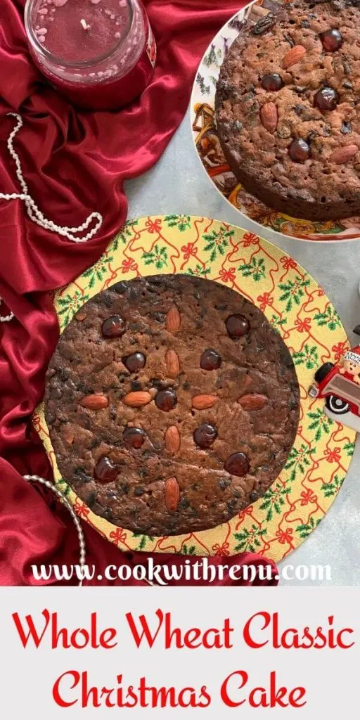 Whole Wheat Classic Christmas cake is a rich, dense and moist cake loaded with dried fruits, fed with brandy and a perfect Christmas or year round treat.