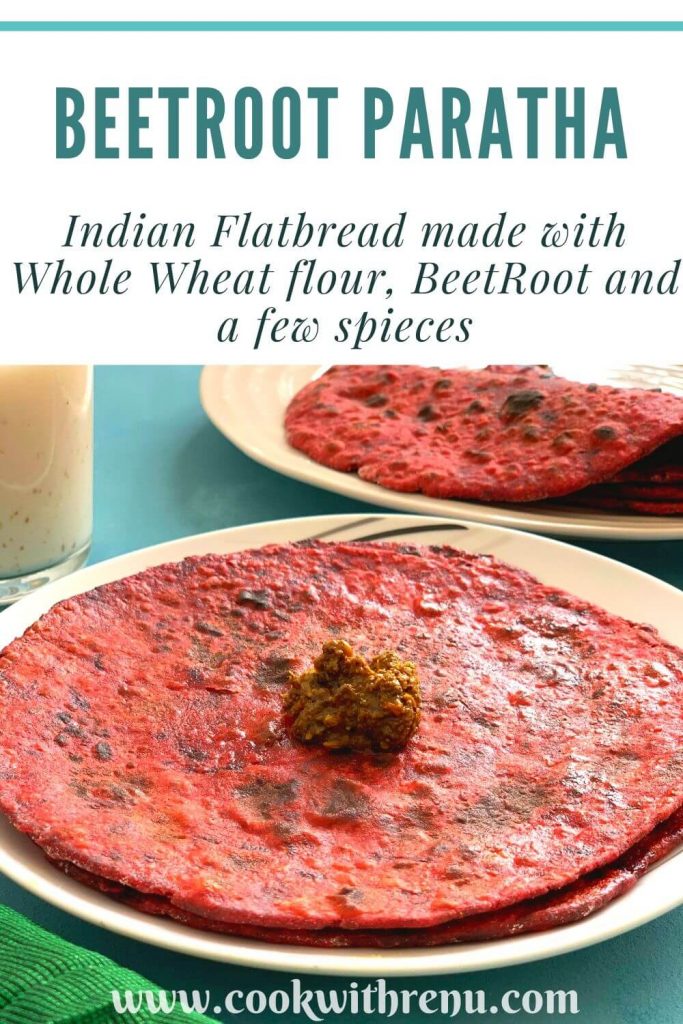 Beetroot Paratha is a vegan pan fried flatbread made using Whole Wheat Flour, grated Beetroot (or Beetroot Puree) and a few spices. It naturally gets its distinct colour from Beetroot which appeals to kids and toddlers.