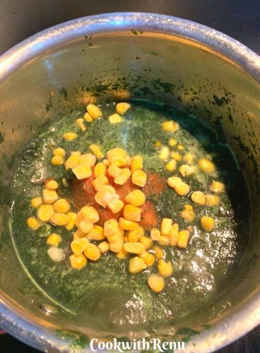 Adding the Kale Puree and Corn to the onion Tomato Mixture