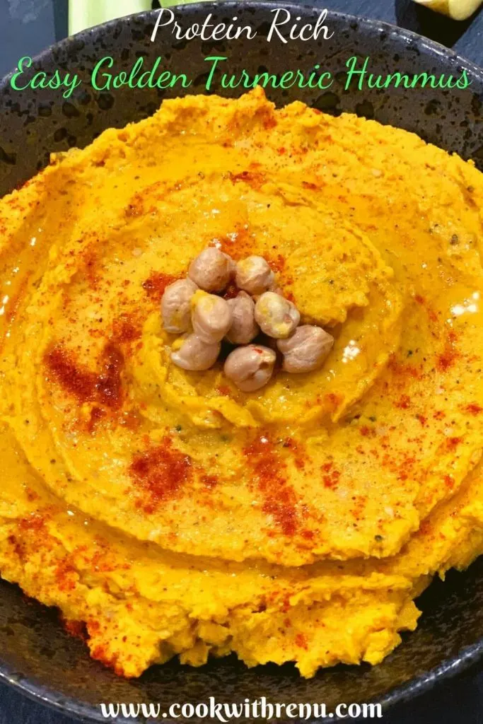 Easy Golden Turmeric Hummus is a quick and easy hummus recipe with the goodness of protein rich chickpeas and sesame seeds and anti-inflammatory turmeric. It uses less than 10 ingredients and if one uses the tinned chickpeas it becomes a no cook recipe too. It is naturally vegan and gluten free.