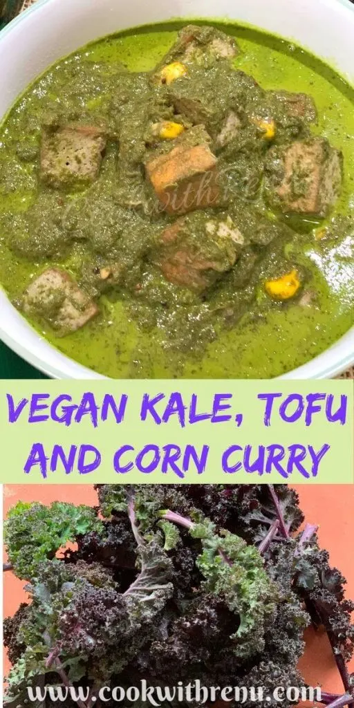 Vegan Kale, Tofu and Corn curry is a delicious and versatile Indian style curry which uses fresh season’s green, protein rich Tofu and a few spices.  The curry is made in flavourful onion and tomato paste. It has the mild sweetness from the purple Russian Kale and the crispness from Sweet Corn. It is gluten free too