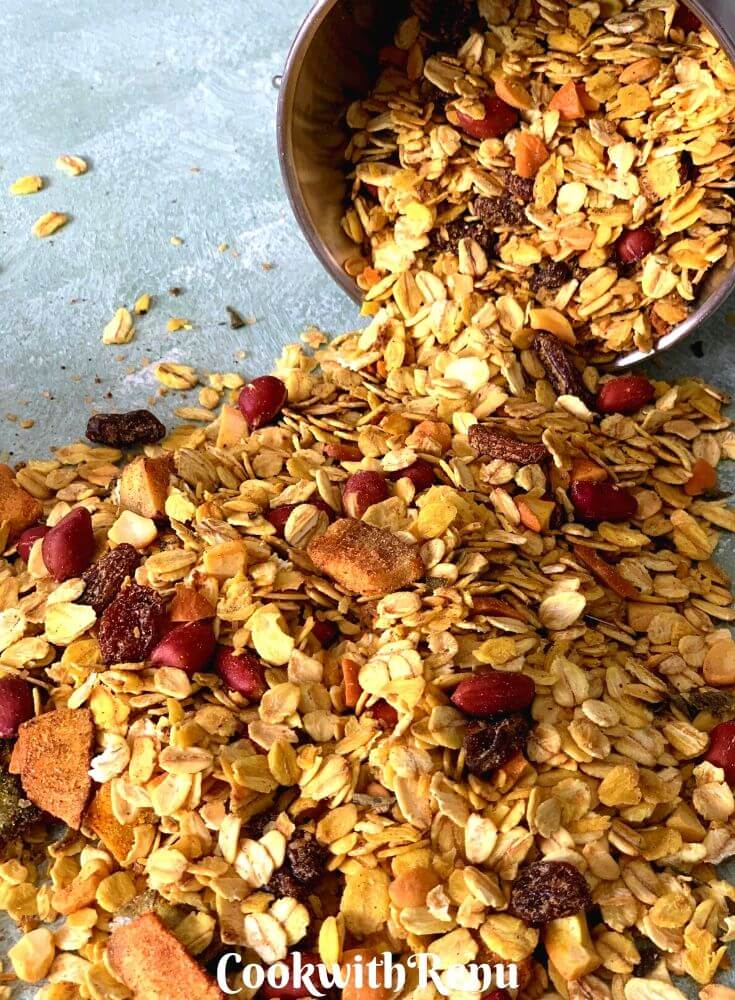 Spicy oats Trail Mix spread on a plate