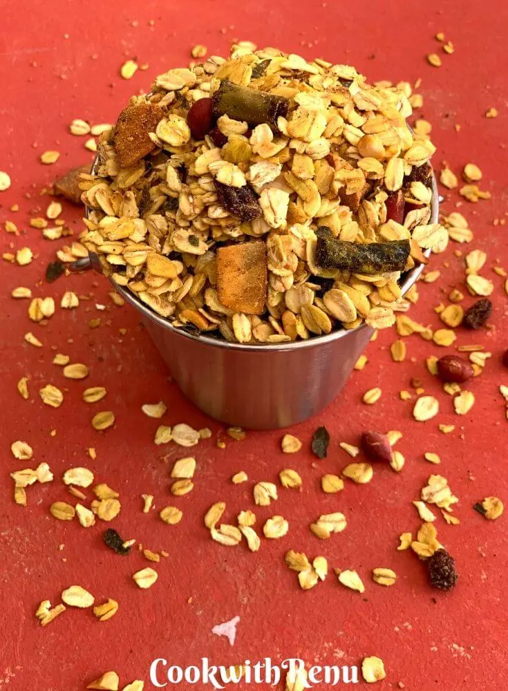 Spicy Oats Trail Mix presented in a small balti/bucket