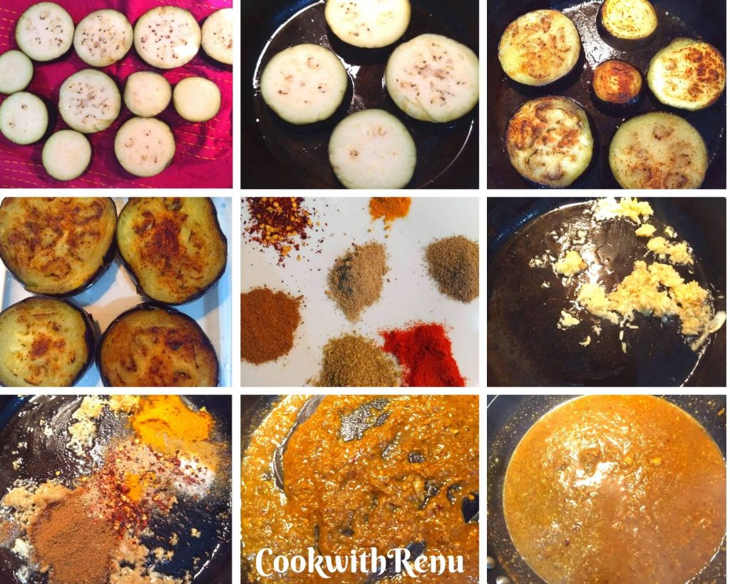 Making of the masala and shallow frying the eggplant