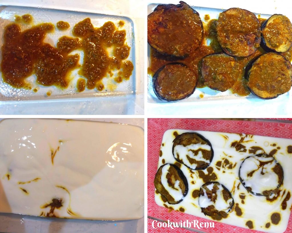 Assembling or layering the eggplant and the yogurt in a serving tray