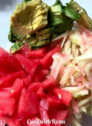 Cut pieces of Avocado, Red Watermelon Flesh and White Watermelon Rind