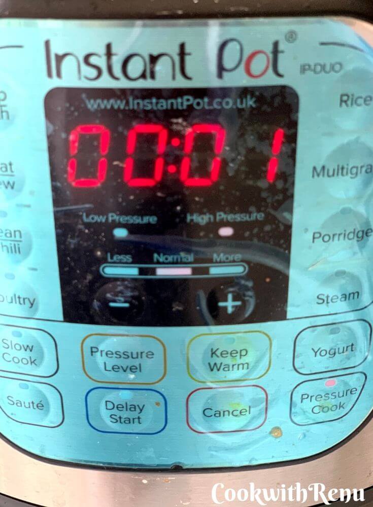 Instant pot set to 1 min pressure cook mode