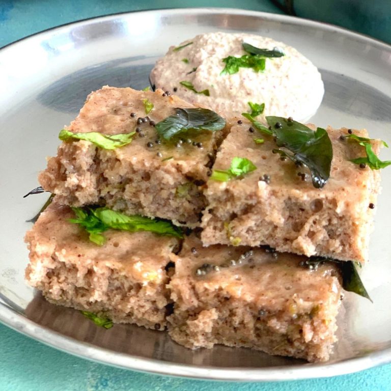 Close up look of cut pieces of steamed Farali Kuttu aur Singhara ke atte ka Dhokla