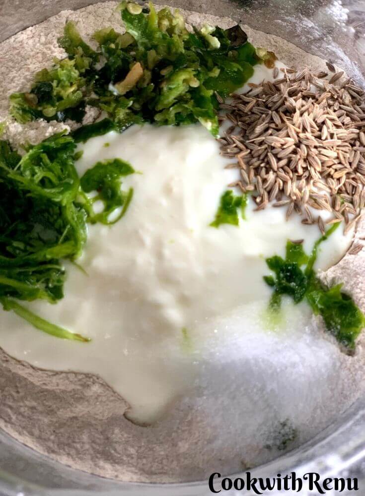 Adding of green chilies, coriander, cumin, salt and yogurt in the gluten free flours