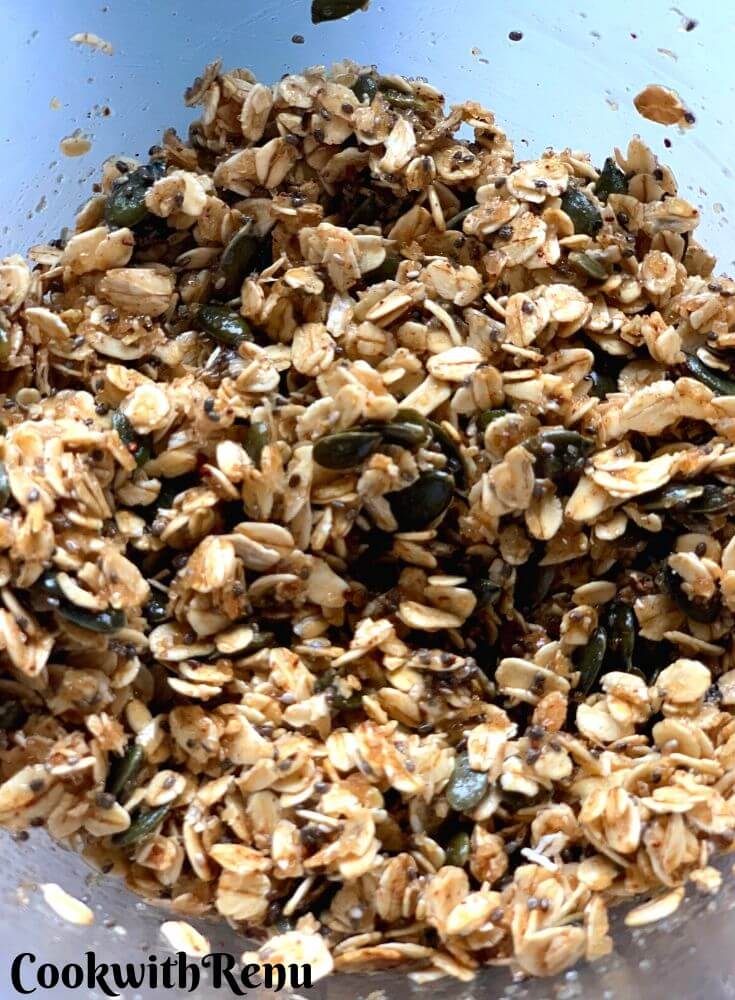 Peach crisp topping with oats, seeds, butter and sugar