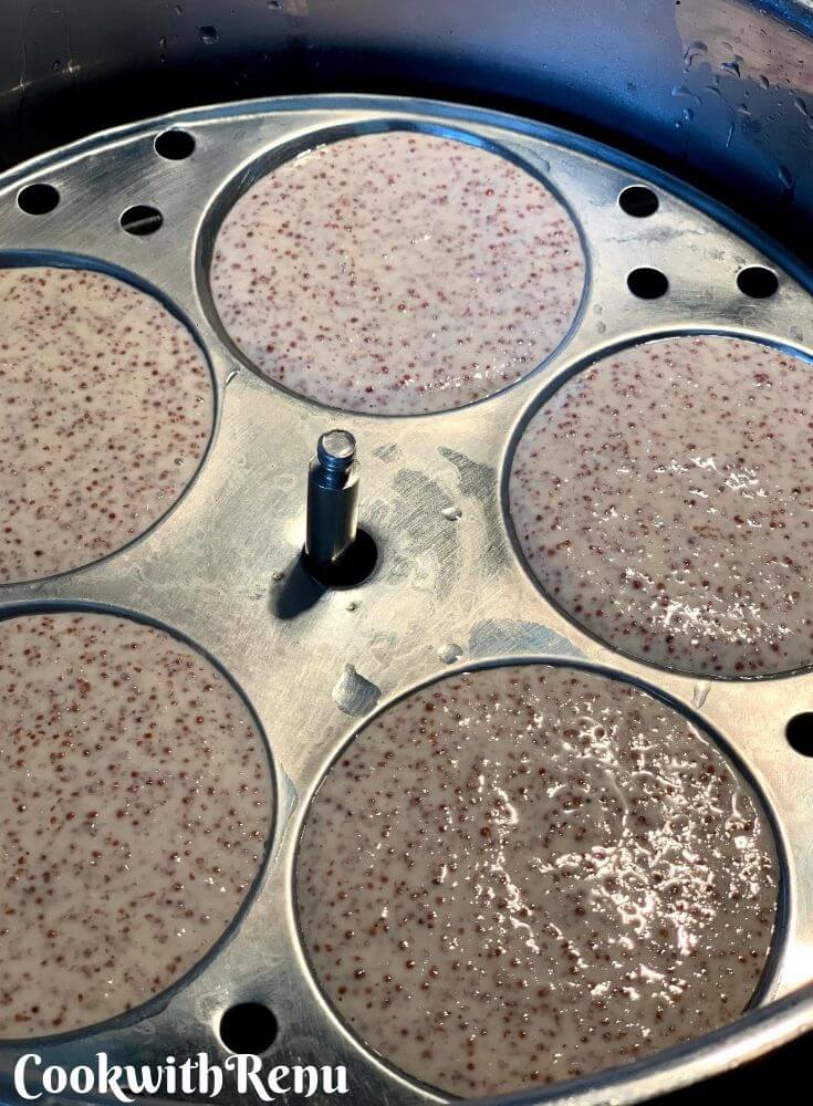 Ragi batter poured in Idli mold and ready to be steamed