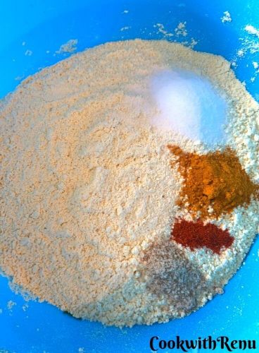Gram flour with salt, turmeric, red chilly and asafoteida
