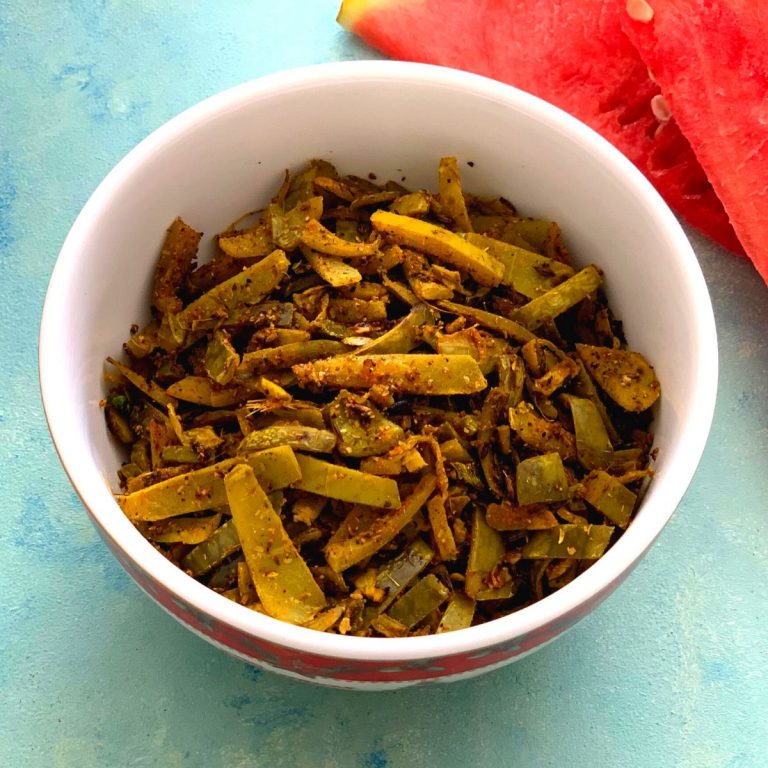 Watermelon Rind Sabji using the green edible skin of watermelon is a Vegan, No onion No garlic North Indian Style sabji/sabzi or dry vegetable.