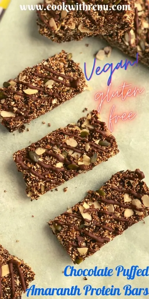 Chocolate Puffed Amaranth Bars are a perfect vegan, gluten-free, and a healthy snack or protein bar perfect for your mid-morning or evening snack. These bars are no-bake and sugar-free. I.e. it does not contain any form of white or processed sugar.