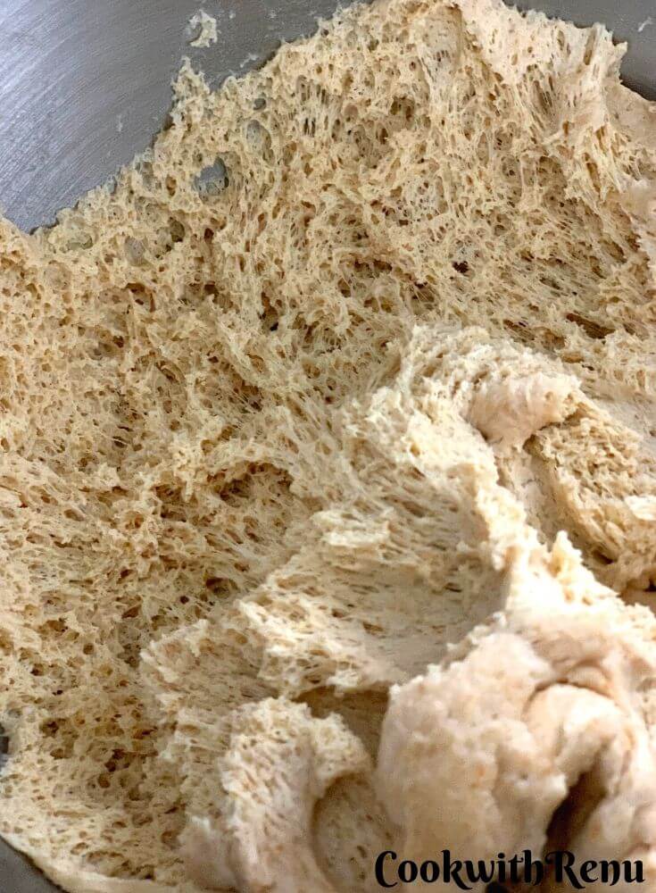 Close up look of the fermented dough. Air pockets seen in the dough