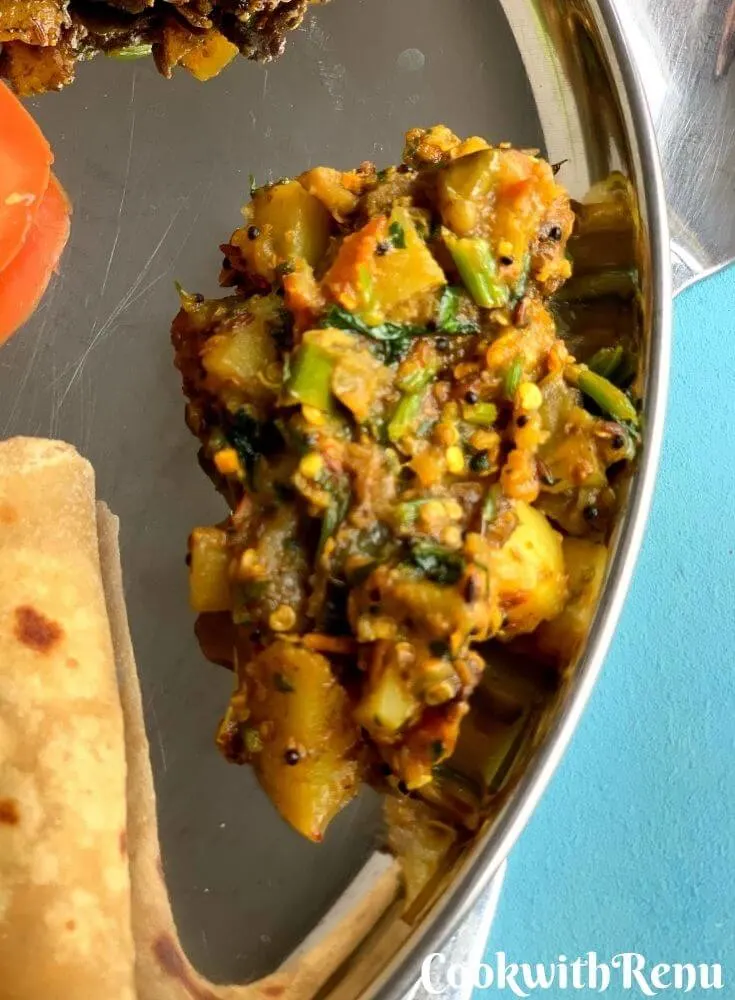 Close up look of No Onion No Garlic Aloo Baingan sabji , that is Potato and Brinjal Vegetable