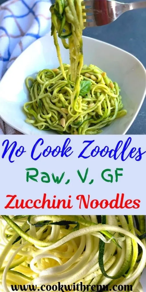 Raw Zoodles Salad or Zucchini noodles or Courgette noodles are no cook, low carb, vegan and gluten free vegetarian noodles made using Zucchini and a perfect alternative to pasta. This Zucchini pasta with Avocado Basil Dip is a perfect no cook and keto friendly healthy lunch.