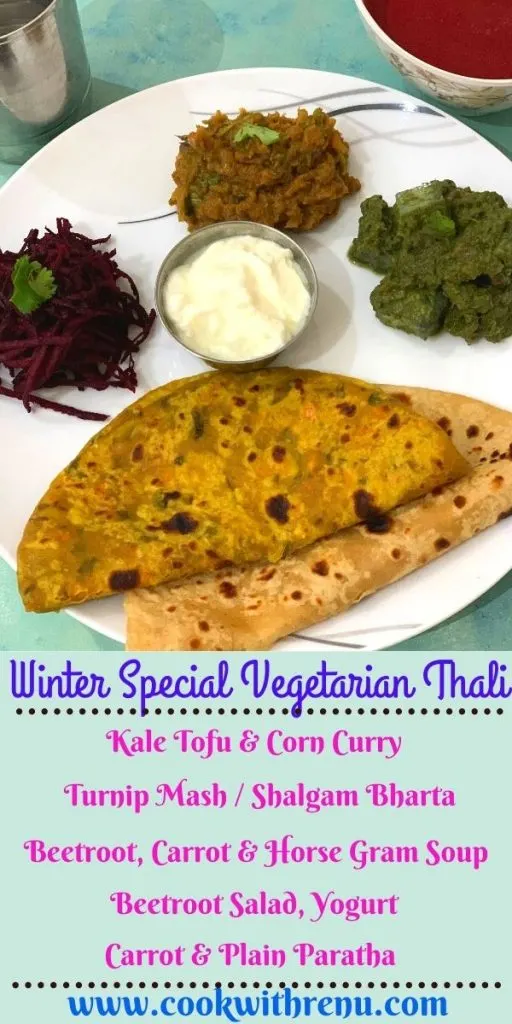 Winter Special Vegetarian Dinner Thali is special thali made using locally sourced organic winter veggies like Turnip, Beetroot, Carrot and Kale.