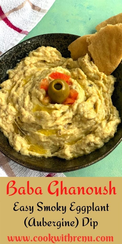 Baba Ghanoush or baba ganoush is a smoky addictive eggplant dip made with mashed and cooked eggplant, tahini, lemon juice, olive oil, & salt. It is served with some pita bread with a garnish of oil, tomato and olives.