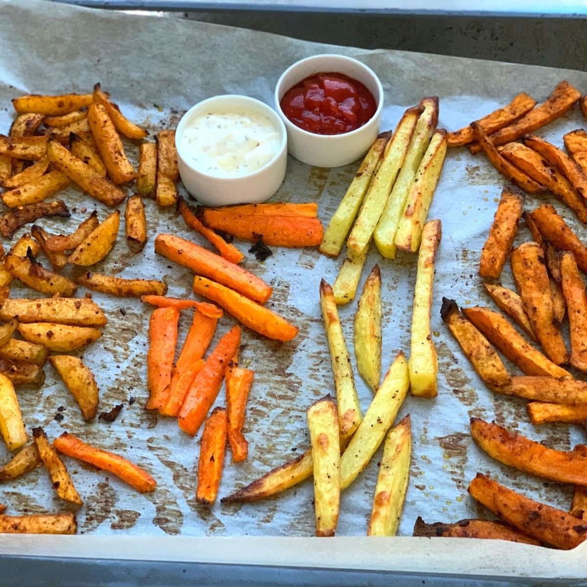 Crispy Baked French Fries of Oven chips are a guilt-free snack or a side which are baked in the oven until crisp with just a teaspoon of oil.