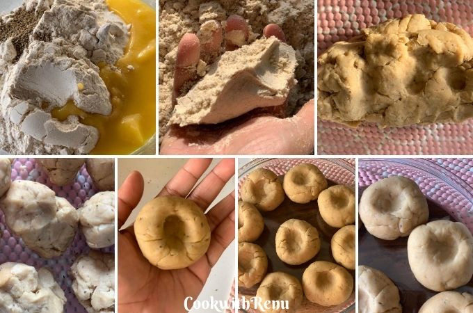 Collage of Baati dough being made, along with shaping it into individual balls