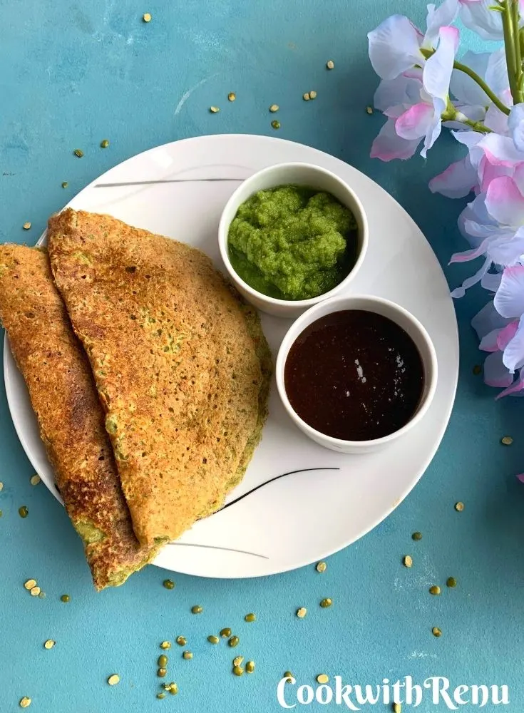 Moong Dal Chilla is a nutritious, healthy and flourless savory crepes from North of India generally enjoyed as breakfast or snacks.