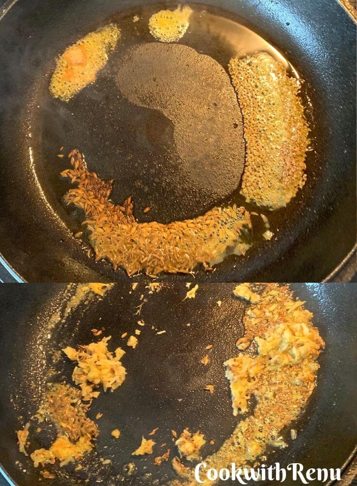 Making of the stuffing, oil, with asafoetida, cumin seeeds, and ginger
