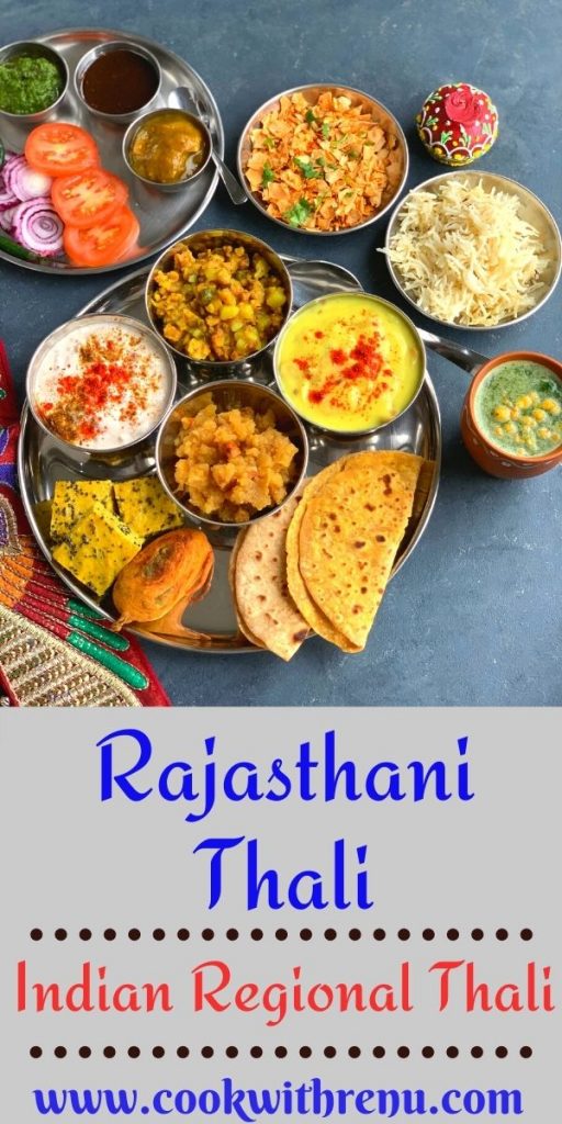 This Rajasthani Thali is a delicious thali made from pantry staple or cupboard ingredients and features Papad ki Kadhi, Mangodi ki sabji, Aam ki Launji etc.