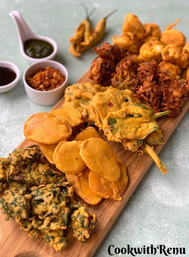 Tea time Pakora Platter is an addictive platter which has 6 different types of pakoras. They are yummy and crunchy snack or tea time fritters.