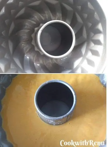 Greasing and Adding in Bundt Cake Tin