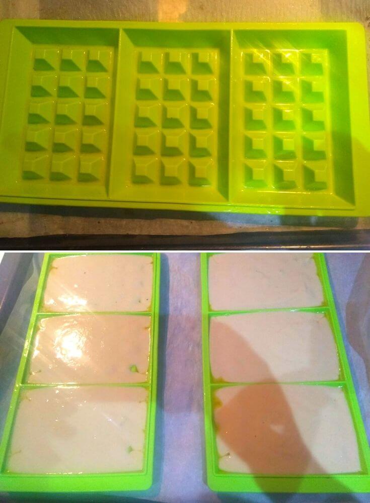 Waffle batter poured in silicone moulds