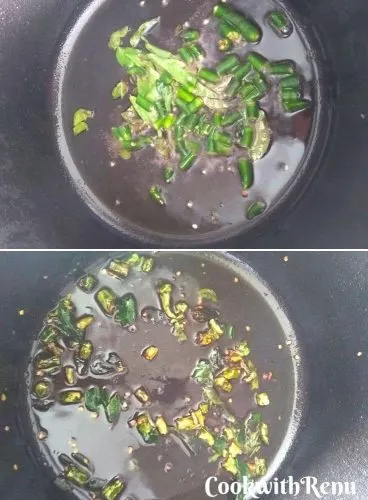 Shallow frying the green chillies and curry leaves