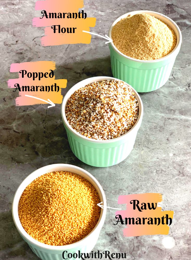Picture showing the Raw Amaranth, Popped Amaranth and Rajgira/Amarnath Flour.