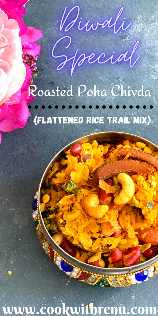  Gerösteter Poha Chivda ist ein veganer, schmatzender Maharashtrian-Snack, der speziell während Diwali hergestellt oder als Teesnack gegessen wird.