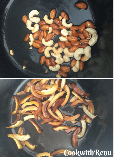Shallow frying the coconut, almonds and cashew