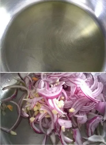 Making of Filling, Adding onion and garlic in oil