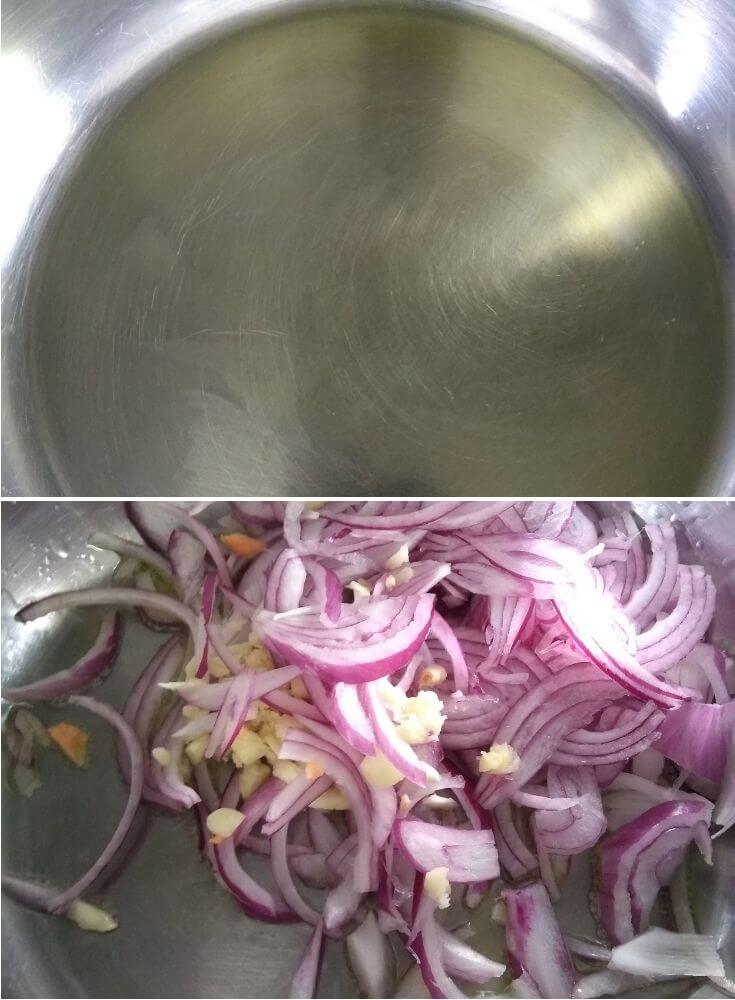 Making of Filling, Adding onion and garlic in oil