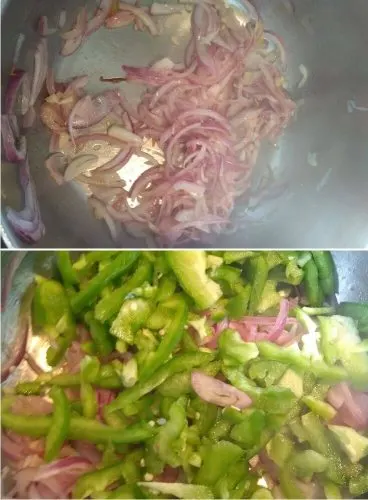 Making of Filling, sautéing the onions and adding peppers