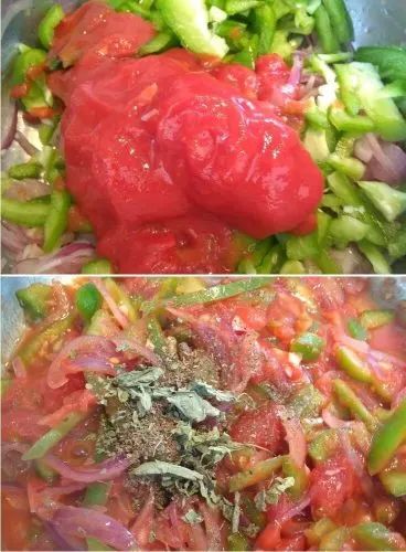 Making of Filling, adding the tomato puree and herbs