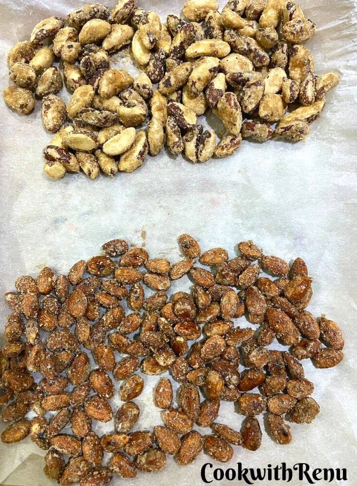 Spiced Almonds and Brazli nuts in a tray allowed to cool