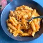 Vegan Butternut Squash Pasta is creamy and rich, one-pot cheese-free and dairy-free pasta made in an instant pot or open pot. Close up look of the pasta picked up on a fork.