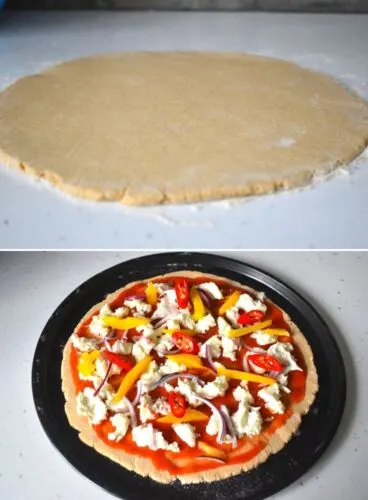 Pizza base being rolled in top image and the bottom is seen with toppings