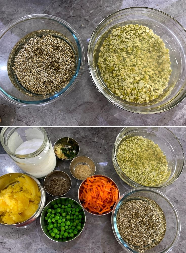 Ingredients for Khichdi in a bowl, with soak dal and bajra. Vegetables and spices in different bowls
